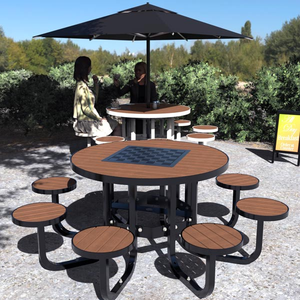 Muebles de exterior modernos, mesa de pícnic redonda, asiento adjunto, marco de Metal duradero, juego de mesa superior de madera con agujero para comercio público - Product Image 5