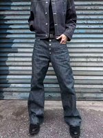 Fabricant en gros de jeans pour hommes à taille haute, fournisseur d'usine OEM ODM, pantalon en denim enduit à jambe large avec plusieurs boutons, style vintage