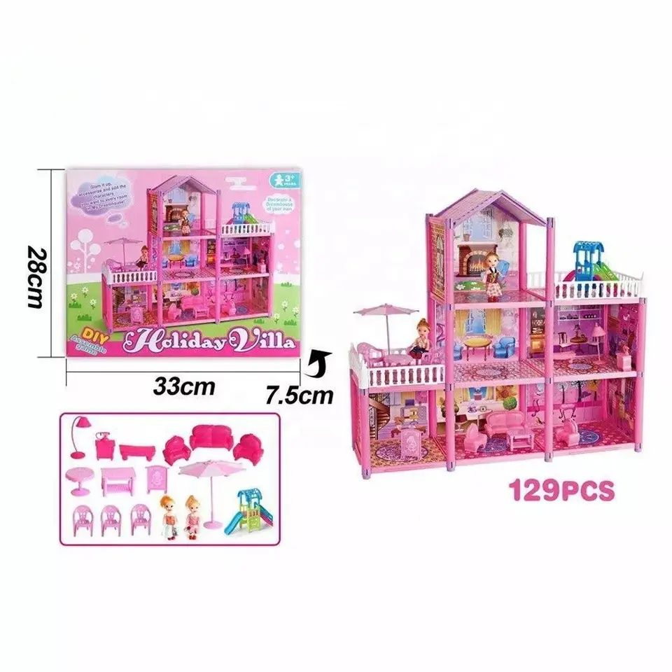 Children 2 floors family diy villa plastic house toys doll houses toy furniture toys set for girl