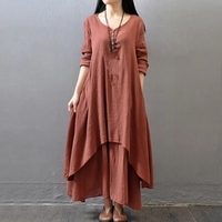 Robe Décontractée Femme Printemps Automne 2026 en Coton Lin à Manches Longues et Coupe Ample