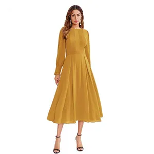 Ăn mặc phụ nữ thanh lịch frilled dài tay áo Maxi Dress, văn phòng Voan Xếp Li fit & Flare Casual Maxi Dress