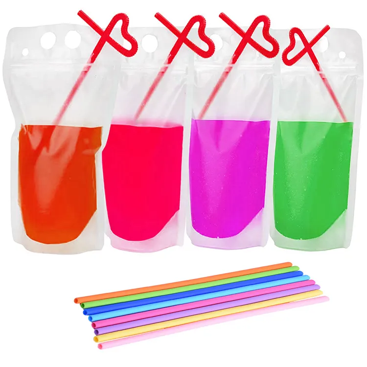 Zipper Liquid Food Packaging Juice Drink Pouches Beverage Bags with Straw