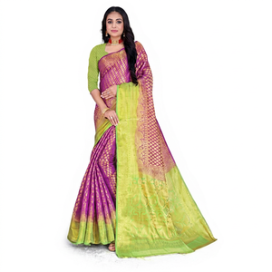 Sari en soie vert et violet avec broderie Zari dorée, tenue de mariage indienne traditionnelle pour femme, longueur au sol, coupe classique - Product Image 1