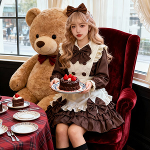 Robe Lolita Maid Cafe marron à manches longues, tablier, nœud et coiffe, costume de cosplay pour jeu de rôle anime - Product Image 4