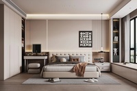 Armoire HAIYUE avec étagères ouvertes intégrées, palette de tons neutres, bois d'ingrédients naturels, niches éclairées par LED, design hybride fermé et ouvert, pour chambre moderne