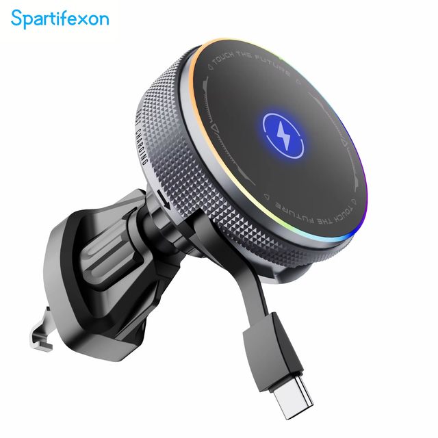 Magnetic Wireless Car Charger, 15W Fast Charging Auto-Clamping Phone Holder with Retractable USB-C Cable for Dashboard/Vent