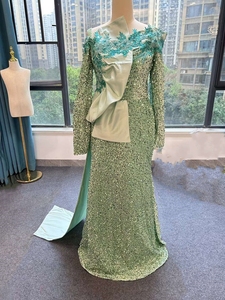 优雅晚礼服长袖亮片礼服金色串珠蕾丝贴花舞会礼服 - Product Image 4