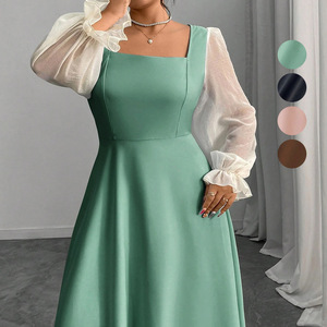 Vestidos elegantes de talla grande con cuello cuadrado y mangas abullonadas de malla para mujer - Product Image 1