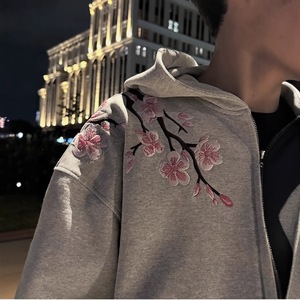 <span class=keywords><strong>Felpa</strong></span> con Cappuccio Unisex con Zip Integrale e Ricamo Floreale, Oversize, Pesante, Stile Streetwear - Product Image 2