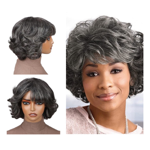 Shinein - Peluca Corta Rizada Pixie de 8 Pulgadas, sin Pegamento, Color Gris Oscuro, Cabello Humano Natural Ondulado, Peluca Bob con Flequillo - Product Image 1