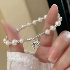 Bracelet en argent Sterling S925 avec perles d'eau douce naturelles pour femmes, cordon élastique blanc, bijoux cadeau - Product Image 2