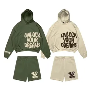Hot Sell Pullover hooded Solid color 100% Cotton unisex Hoodie and shorts Long Sleeve Pocket Oversize Hoodie 2 Piece Shorts Set