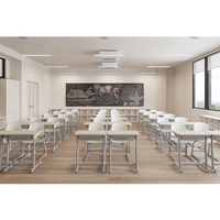 Ensemble de chaise et de bureau d'école moderne, écologique et durable avec plateau en bois, structure en acier, plastique PP, taille simple/double pour usage commercial