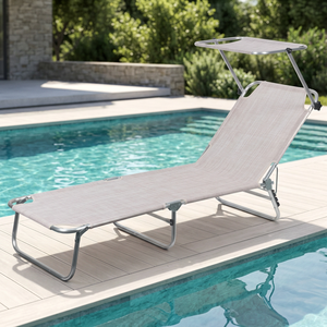 Chaise longue de plage pliable en aluminium Vieste Est avec pare-soleil, inclinable manuellement, en plastique écru, mobilier d'extérieur pour piscine/cour - Product Image 3