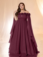 Robe de soirée pour femme, couleur unie, épaules dénudées, manches flottantes, design floral tridimensionnel, ourlet plissé, coupe trapèze