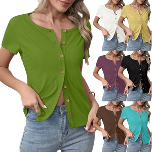 Cárdigan de verano ligero ajustado para <span class=keywords><strong>mujer</strong></span>, transfronterizo para <span class=keywords><strong>Amazon</strong></span>, Comercio Exterior, Camisa cómoda con botones en la parte superior de la costilla, patrón sólido - Product Image 1