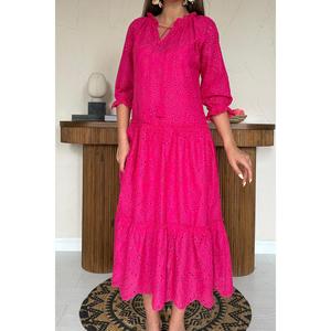 Robe en dentelle fuchsia à col croisé, coupe ample, respirante, tissée, pour un usage décontracté - Product Image 1