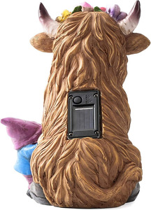 Vache <span class=keywords><strong>Highland</strong></span> avec Gnome Résine Artisanat Statues de Lanterne de Jardin Drôles avec Décor de Lumière Solaire Extérieur - Product Image 2
