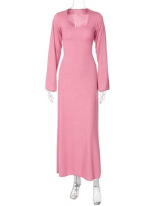 Abito Lungo Largo in Maglia con Scollo a U, Maniche Lunghe a Pagoda, Tinta Unita, Allacciatura Frontale, Vestito da Festa per Donne - Product Image 5