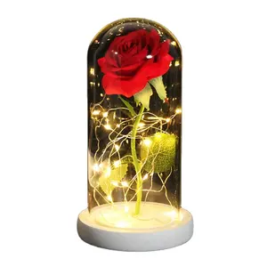 Künstliche Valentinstag Geschenke verzaubert Golden Rose Led Lampe 24 Karat Goldfolie Rose in Glaskuppel dekorative Blumen mit Lichtern