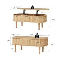 Table basse ovale convertible moderne en chêne naturel avec plateau relevable et rangement dissimulé, design en bois cannelé