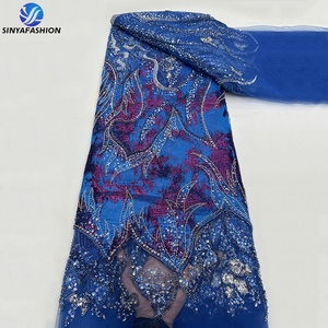 Sinya hoàng gia màu xanh sang trọng sequin đính cườm pháp lưới vải tuyn ren 5 bãi 10 màu sắc nóng bán thổ cẩm Jacquard Vải Thêu Ren - Product Image 1