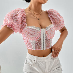 Rétro sans manches broderie florale <span class=keywords><strong>haut</strong></span> court épaule nue caraco gilet Sexy sans bretelles dentelle arête de poisson corset bustier tubulaire - Product Image 4