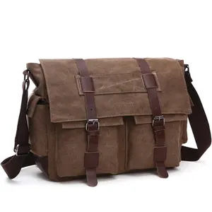 Custom Vintage large capacity canvas messenger shoulder bag for men canvas laptop shoulder bag