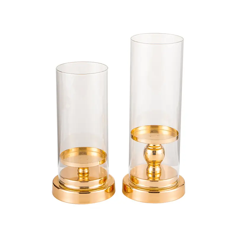 Goedkope Goud Nordic Ijzer Metaal Orkaan Glas Cilinder Kandelaars Voor Bruiloft Tafel Decor