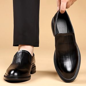 Men Leather Loafers <b>Round</b> Toe Slip-On <b>Cushioned</b> Rubber Outsole Autumn Wedding Dress Shoes - Product Image 3