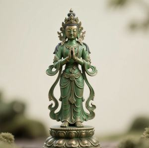 Statua e Scultura in Rame Dipinto della <span class=keywords><strong>Divinità</strong></span> Femminile Guardiana nelle Statue Buddiste Indiane - Tara Verde - Product Image 3