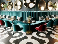 Ensemble de table et chaises de salle à manger carrées modernes de luxe léger avec banquette verte à dossier haut, en bois massif, mobilier de restaurant durable