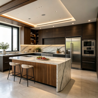Armoires de cuisine en bois de noyer de qualité supérieure avec îlot central intégré pour projets personnalisés de luxe