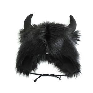 Chapeau en fausse fourrure décontracté unisexe pour adultes, motif vache amusante avec cornes de démon, coupe-vent, protection des oreilles, chaud pour l'hiver, idéal pour cyclistes et Halloween - Product Image 4