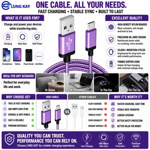 Cable Micro USB de 1m 2m 3m al por Mayor de Lungkay, Cable Trenzado de Nailon USB 2.0 V8, Cable de Carga Rápida para Dispositivos Android - Product Image 3