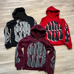 Clothing Manufacturer 100%Cotton Streetwear Raw Hem Pullover Puff Printing Graphic Cropped Hoodie Men