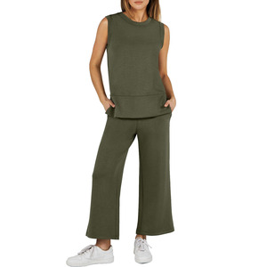 Set da donna europeo americano estivo in due pezzi nuovo stile Casual senza maniche ampio collo ampio <span class=keywords><strong>pantaloni</strong></span> <span class=keywords><strong>con</strong></span> <span class=keywords><strong>spacco</strong></span> tinta unita lungo - Product Image 2