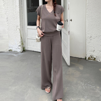 Ensemble deux pièces élégant pour femme, coupe ample, hiver, pantalon et pull en tricot décontractés avec finition délavée