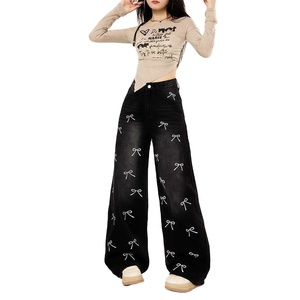 <span class=keywords><strong>Jean</strong></span> pour <span class=keywords><strong>femme</strong></span> <span class=keywords><strong>noir</strong></span> à motif nœud, design unique, coupe ample et droite, style mode, pour début d'automne - Product Image 1