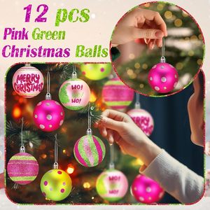 12 Adornos Navideños de Bolas del <span class=keywords><strong>Grinch</strong></span> en Rosa y Verde, Juego de Bolas Brillantes con Rayas para Decoración de Árboles de Navidad - Product Image 2