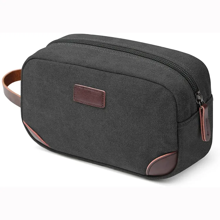 Custom canvas portable travel mens toiletry bag makeup cosmetic zipper bag with pu leather handle