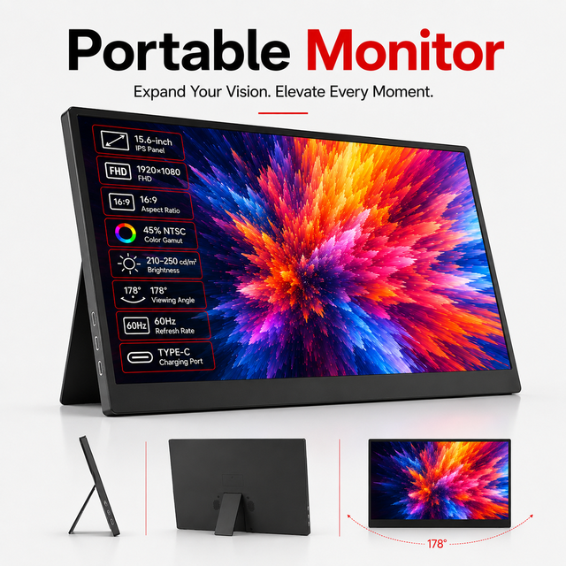 Bulk Supply 15.6 Inch FHD 1080P IPS Monitor Ultra Slim Lightweight Travel Screen for Laptop Phone Office Game Portable Monitor