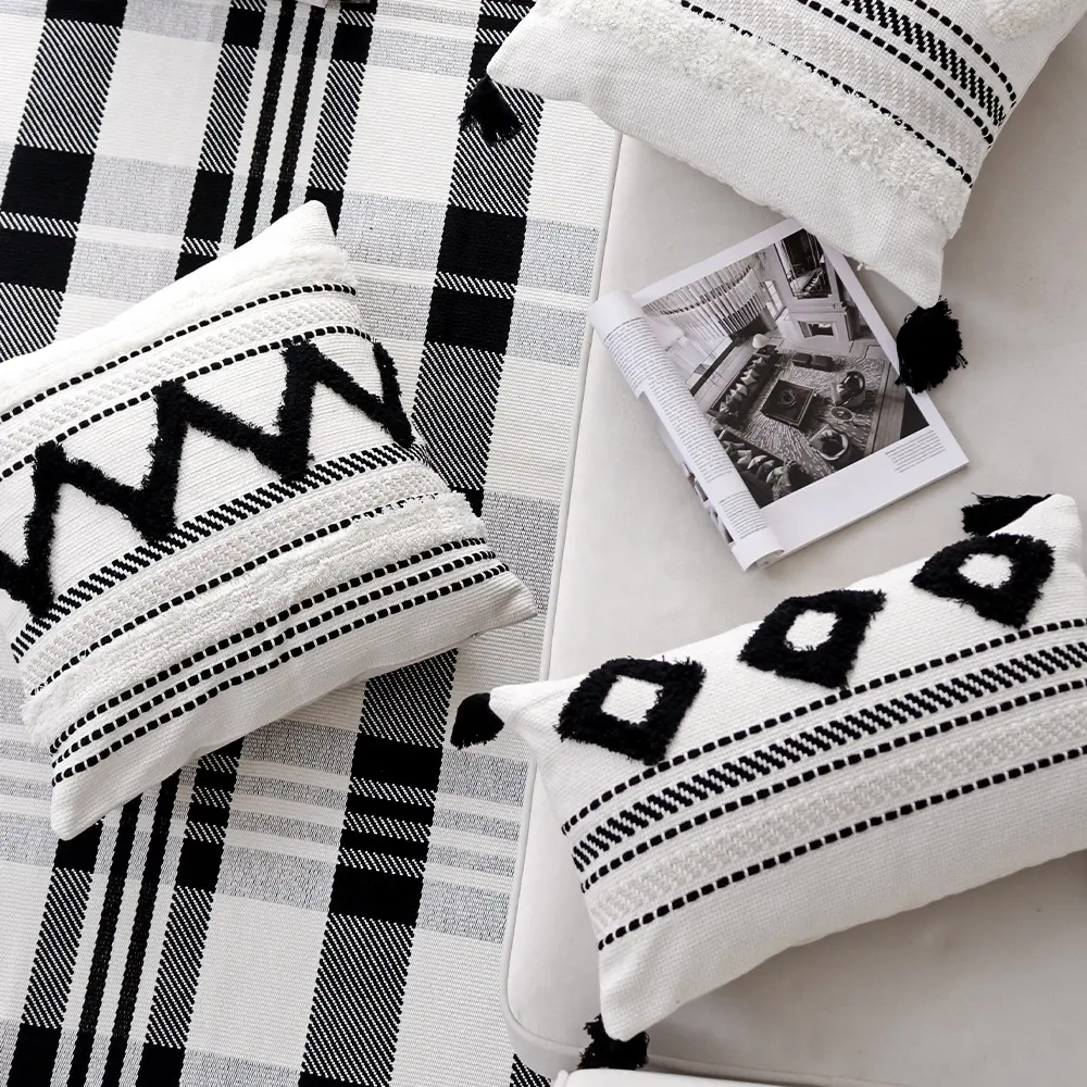 Nordic style moroccan cushion cover black white cotton woven jacquard handmade tufted pattern tassel Kilim pillow cover case