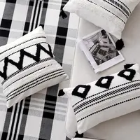 北欧スタイルのモロッコクッションカバーブラックホワイトコットン織りジャカード手作り房状パターンタッセルキリム枕カバーケース