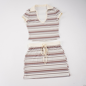 Simple Style Colorblock Stripe V Neck Slim Fit Casual Short Sleeve Summer Gym Flattering Versatile Short Skirt Sport <b>Set</b> - Product Image 6