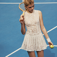 Femme écologique lavable Vintage inspiré blanc dentelle robe de Tennis élégante robe de soirée sans manches O cou évasé ourlet nœud