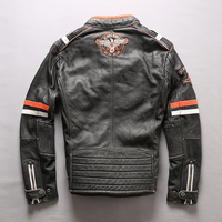 Veste en cuir véritable gris rétro vintage avec broderie de crâne, veste de moto, veste en cuir de vache pour homme