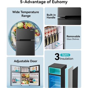 Réfrigérateur Euhome 3,2 pieds cubes à 2 portes avec congélateur, compact, noir, dégivrage automatique, refroidissement direct, pose libre - Product Image 4