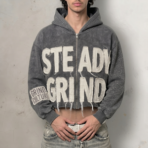 Sudadera con capucha OEM personalizada con pedrería, corte cropped, cierre de cremallera, estilo vintage con lavado ácido y bordes sin rematar, apliques, para hombre y mujer, estilo streetwear, de forro polar, modelo 6737 - Product Image 2