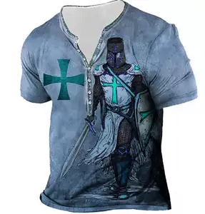 男式亨利t恤t恤图案印花圣殿骑士十字亨利短袖纽扣男式3d t恤